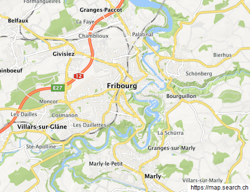 Karte mit
                Freiburg / Fribourg und Bourguillon:
                https://map.search.ch/Bourguillon