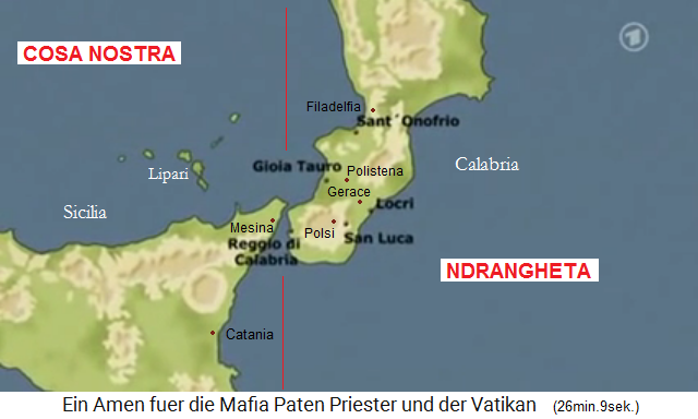 Mapa de Calabria con Reggio, Gioia Tauro, Polsi, San Luca, Locri, Gerace, Sant'Onofrio, Filadelfia, Polistena, etc.