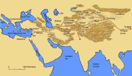 Map with the Silk Road before the Chinese silk
                    monopoly fell