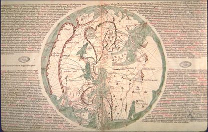 World map of Pietro Vesconte from 1321:
                      Mediterranean is draining downwards.