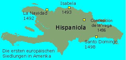 Map of
                    Hispañola with La Navidad, Isabela, Concepción and
                    Santo Domingo