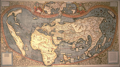 Weltkarte / mapa del mundo / world map
                            von Martin Waldseemüller / Waldseemueller
                            1507 mit Bezeichnung Amerika / America von
                            Amerigo Vespucci
