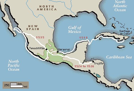 Map: Hernando Corts came with his
                          horses. Starting point is Santiago de Cuba (on
                          Cuba),not Havana. Landing location is near
                          Veracruz