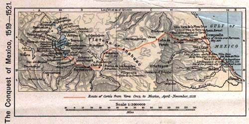 Map of
                              Mexico 1519-1521 with the route of Corts
                              to Tenochtitln with a relief of the
                              mountains