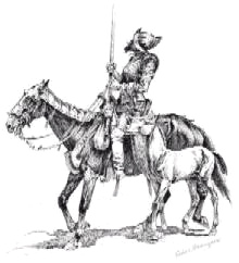 Hernando Corts in a knight's armor on
                            a horse. Next to it is a foal which seems
                            not so real...