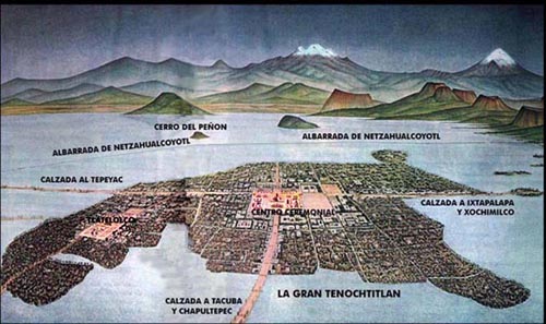 Here is
                          a three dimensional view of the island of
                          Tenochtitln