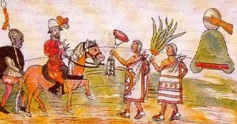 Depiction how the Aztec natives are
                          bringing gifts to Corts