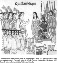 Depiction of scenery: Moctezuma is
                            presenting Corts all objects of his
                            treasury. Next to Corts is Malinche, the
                            translator