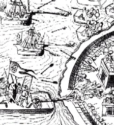 Attack of
                              Corts' army by brigantine ships
                              destroying the fortification walls