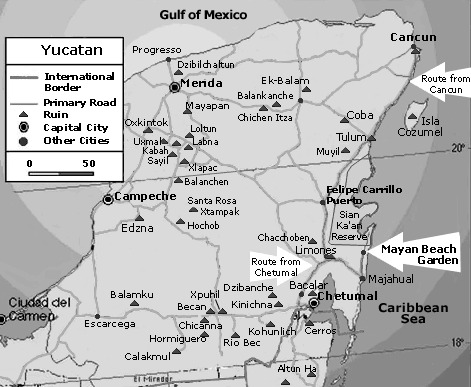 Map of Yucatan Peninsula with Mayan
                            beach gardens