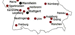 Karte mit
                        den Positionen Augsburg zwischen Stuttgart und
                        Mnchen