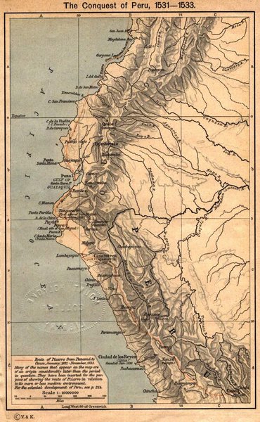 Karte: Peru, Route der Invasion unter
                            Pizarro