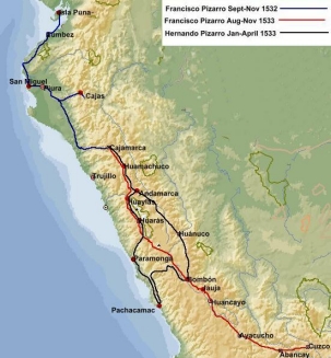 Karte von Peru mit den Invasionen der
                          "christlichen" Besetzer Francisco
                          und Hernando Pizarro 1532 und 1533