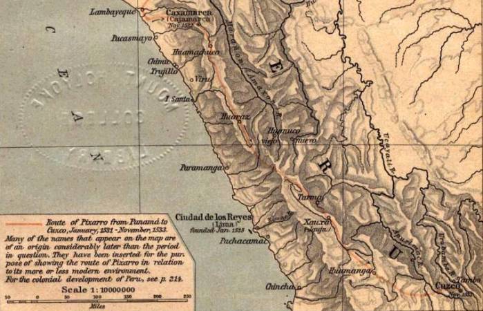 1531-1533: Karte mit der
              Invasion unter Pizarro mit dem Aufstieg ins Hochland Perus
              von Cajamarca bis Cuzco