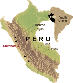 Karte von Peru: Position von Chincha, Lima,
                      Chimbote, Trujillo, Tucume