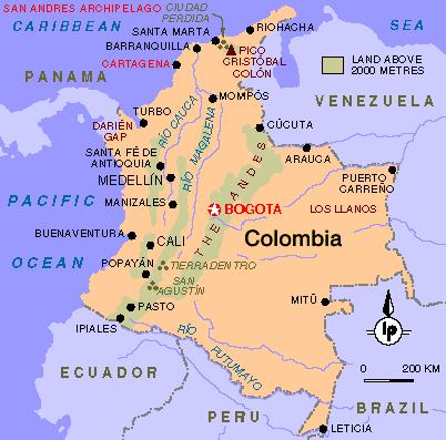 Karte mit
                      den Positionen von Santa Marta und Bogota,
                      Hauptstadt des heutigen Kolumbien