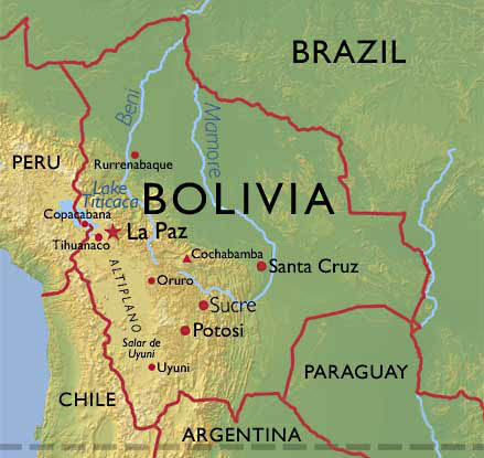 Karte Bolivien Bolivia: Position von La Paz
                        und Potosi