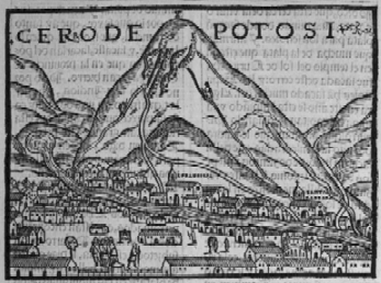 Potosi: Cerror
                        Rico, falsch berhht dargestellt von Pedro de
                        Cieza de Leon 1553