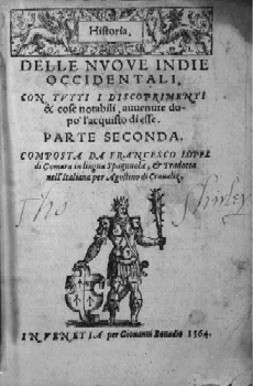 Lopez de Gomara: Titelblatt der Historia
                        mit Schlgertyp