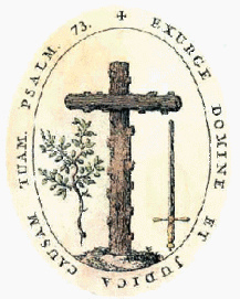 Emblem of Spanish inquisition with olive
                    branch, cross and sword