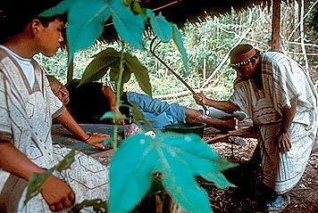 Native healer (shaman) in the Peruvian
                          jungle with a healing procession