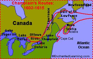 Karte mit Champlains Reisen zur
                        Landbesetzung 1603-1615 im heutigen Kanada