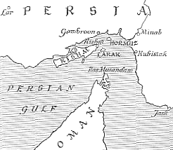 Karte mit der Position des Hafens
                          Gombroon neben den Orten Minab, Kubistak und
                          den Inseln Carak und Kishal an der Strasse von
                          Hormuz am Persischen Golf