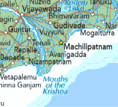 Karte mit der
                        Position von Masulipatam / Masulipatnam /
                        Machilipatnam / Bandar im Staat Andhra Pradesh
                        an der Mndung des Flusses Krishna, Indien