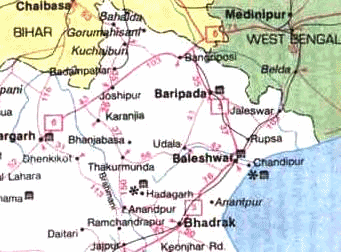 Karte mit den Positionen der
                        Stdte von Baleshwar / Baleswar / Balsore/
                        Balasore und Baripada im Norden des Teilstaates
                        Orissa