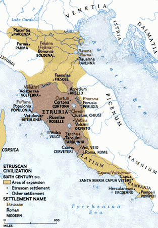 Karte mit der europischen
                            Porzellanregion Etruria in Italien