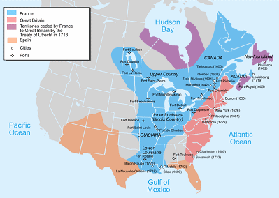 Map of North
                          "America" of 1713 after the peace of
                          Utrecht with New England (red+violet), New
                          France (blue) and New Spain (brown)