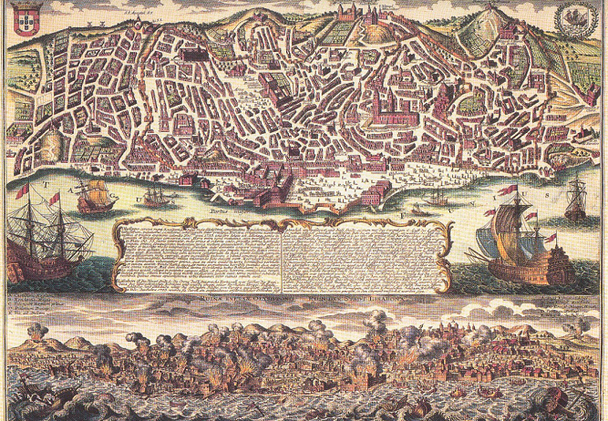 Lisbon in around 1540 appr. (yet
                                  with town wall with pointed ends which
                                  are missing in 1755), and the losses
                                  by the firestorm and the tsunamis by
                                  the earthquake of Nov 1, 1755