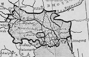 Map with English
                occupied Bengal of 1767 with Calcutta and Plassey