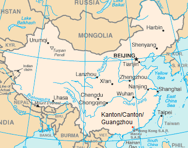 Map of China with Canton / Guangzhou
                        (border lines of the 21th century)