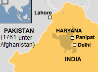 Karte mit Lahore,
                            Delhi und Panipat