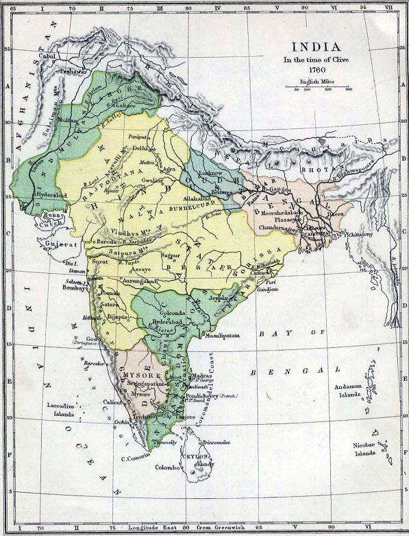Map of the Indian subcontinent of 1760 with
                      Sindh, Marathan States, Mysore, Nizam Dominion
                      with Hyderabad, Oudh, and Bengal etc.
