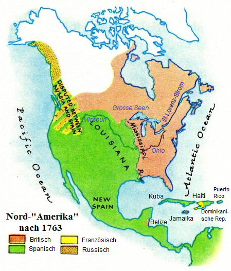 Karte
                                  Nord-"Amerikas" mit
                                  englischen, spanischen und russisch
                                  besetzten Gebieten und franzsisch
                                  besetzten Inseln