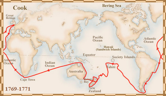 Map of the first Cook
                      expedition to Tahiti, New Zealand, and Australia,
                      from 1769-1771