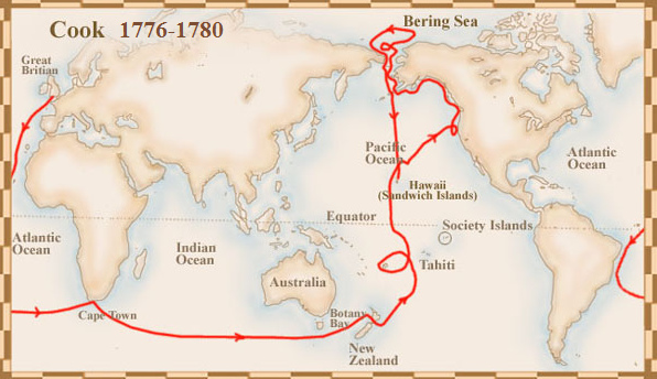 James Cook, map with his third expedition
                        1776-1780 to New Zealand, Hawaii, and Alaska