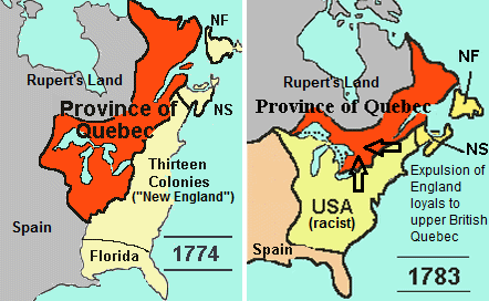 Maps with the Province
                        of Quebec, the 13 New England colonies in 1774,
                        and with the racist "U.S.A." in 1783
