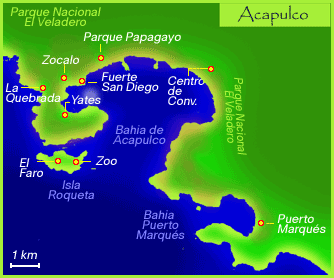 Karte mit der
                Bucht von Acapulco mit demHafen (Puerto Marqus)