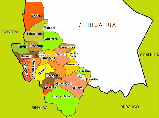 Karte der
                    Provinz Chihuahua mit den Gemeinden der Ureinwohner
                    / Primrnationen