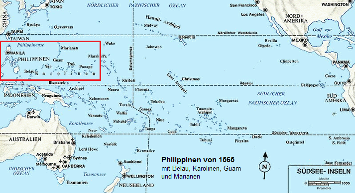 Karte der Sdsee mit den
              "Philippinen" von 1565 mit Palau / Belau, Guam,
              Marianen-Inseln und Karolinen-Inseln