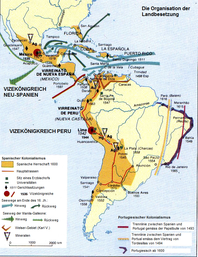 Karte mit den Vizeknigreichen Neu-Spanien und
              Peru um 1570 mit Potosi ab 1945 mit der Silberproduktion
              (Ag=Argentum=Silber)