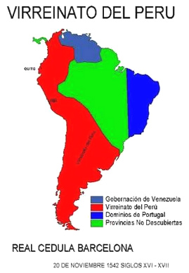 Karte mit
                      dem Vizeknigreich Peru, Venezuela, nicht
                      entdeckten Dschungelgebieten und Portugals Zipfel