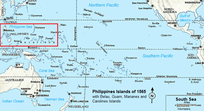 Map of the South Sea with
                  the "Philippines" of 1565 with Palau /
                  Belau, Guam, Mariana Island, and Carolina Islands