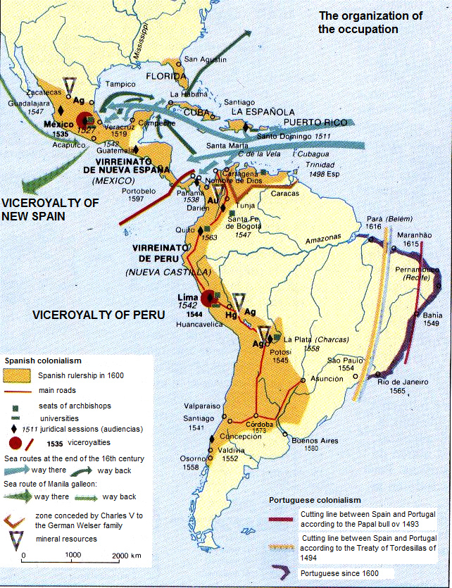 Map with the viceroyalties of New Spain and of
                Peru in around 1570 with Potosi since 1545 with its
                silver production (Ag=Argentum=silver)