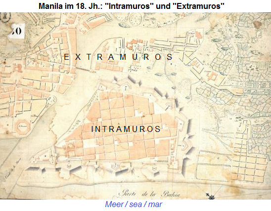 Plan von Manila aus dem 18.
                  Jh. mit intramuros und extramuros