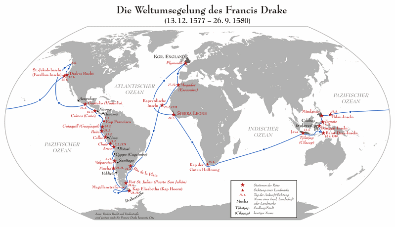Karte mit der Route
                        des englischen Piraten Drake 1577-1580,
                        Ausraubung der sd-"amerikanischen"
                        Kste und Gewrzhandel in Sdostasien