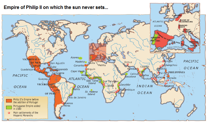 Map with the Empire of
                    Philip II on which the sun never sets...